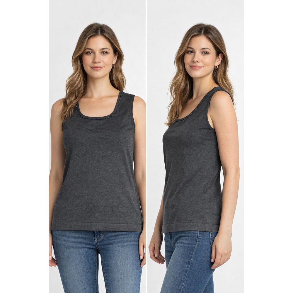 Jones New York Tank Top Womens Medium Black Knit Beaded Trim Sleeveless Classic
